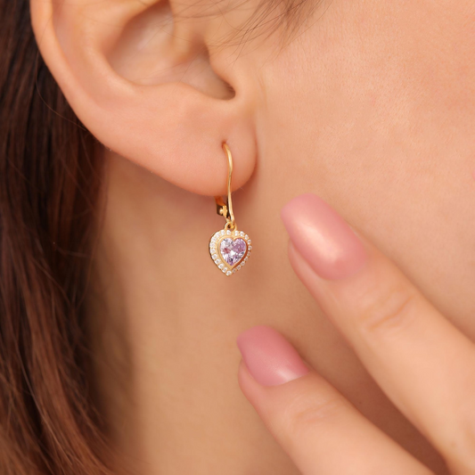 Alexandrite Bezel Heart Dangle Earrings with Real Diamonds in 8K/10K/14K Solid Gold | June Birthstone Jewelry