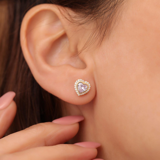 Alexandrite Bezel Heart Stud Earrings with Real Diamonds in 10K/14K Solid Gold | June Birthstone Jewelry