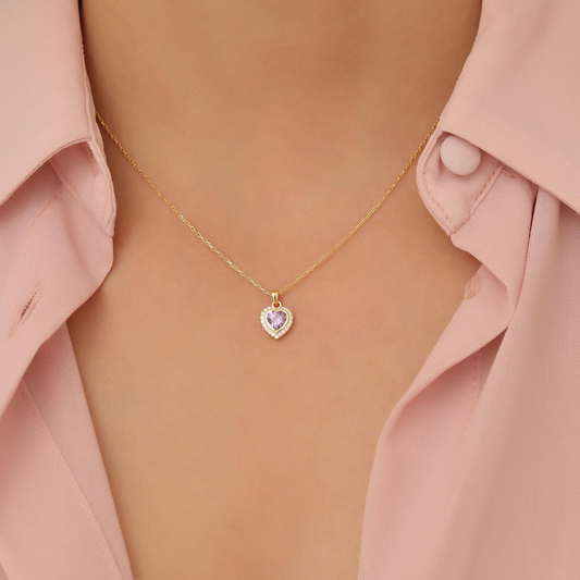 Amethyst Bezel Heart Necklace with Real Diamonds in 8K/10K/14K Solid Gold | February Birthstone Jewelry