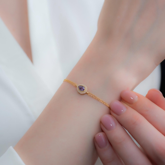 Amethyst Bezel Drop Bracelet with Real Diamonds in 8K/10K/14K Solid Gold | February Birthstone Jewelry