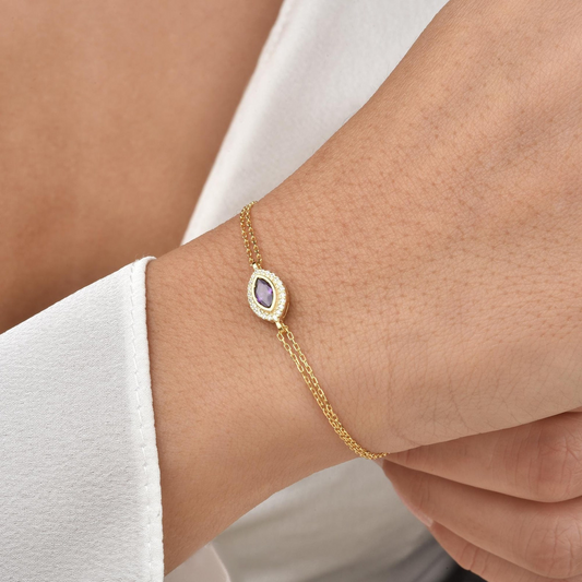 Amethyst Bezel Marquise Bracelet with Real Diamonds in 8K/10K/14K Solid Gold | February Birthstone Jewelry