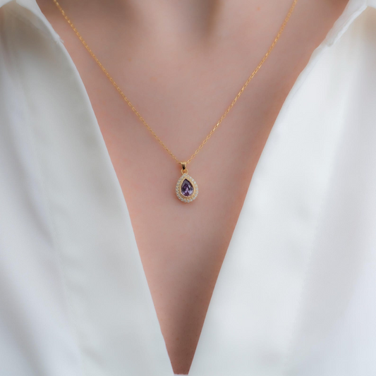 Amethyst Bezel Drop Necklace with Real Diamonds in 8K/10K/14K Solid Gold | February Birthstone Jewelry