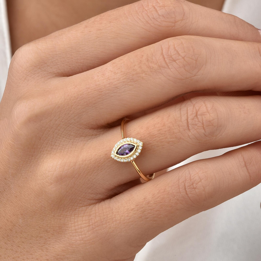 Amethyst Bezel Marquise Ring with Real Diamonds in 8K/10K/14K Solid Gold | February Birthstone Jewelry