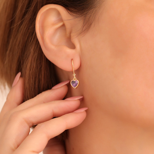 Amethyst Heart Cut Bezel Dangle Earrings 14K Solid Gold, February Birthstone Jewelry