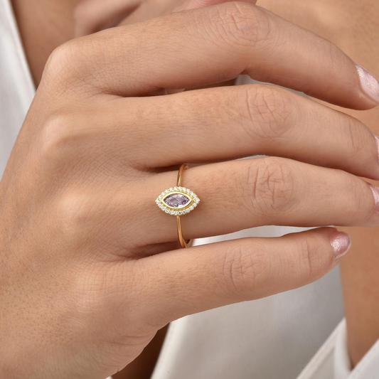 Alexandrite Bezel Marquise Ring with Real Diamonds in 8K/10K/14K Solid Gold | June Birthstone Jewelry