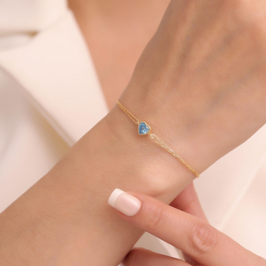Heart Blue Topaz Bezel Bracelet in 10K/14K Solid Gold | December Birthstone