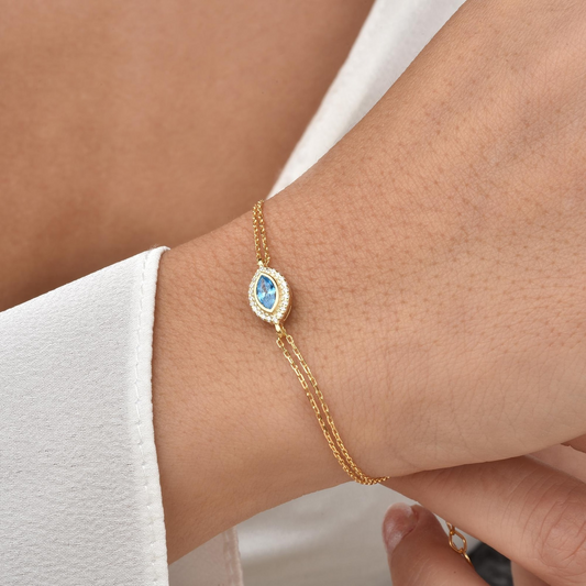 Blue Topaz Bezel Marquise Bracelet with Real Diamonds in 8K/10K/14K Solid Gold | December Birthstone Jewelry
