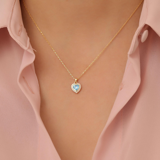 Blue Topaz Bezel Heart Necklace with Real Diamonds in 8K/10K/14K Solid Gold | December Birthstone Jewelry