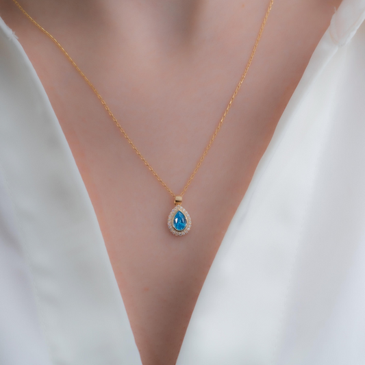 Blue Topaz Bezel Drop Necklace with Real Diamonds in 8K/10K/14K Solid Gold | November Birthstone Jewelry