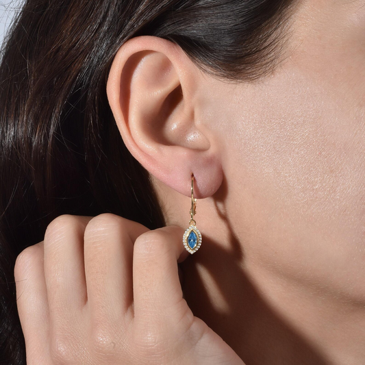 Blue Topaz Bezel Marquise Dangle Earrings with Real Diamonds in 8K/10K/14K Solid Gold | December Birthstone Jewelry