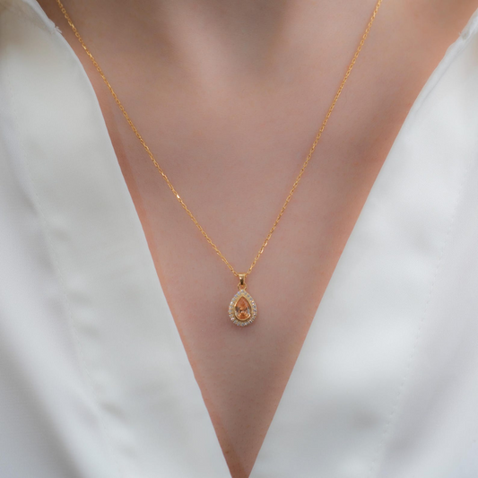 Citrine Bezel Drop Necklace with Real Diamonds in 8K/10K/14K Solid Gold | November Birthstone Jewelry