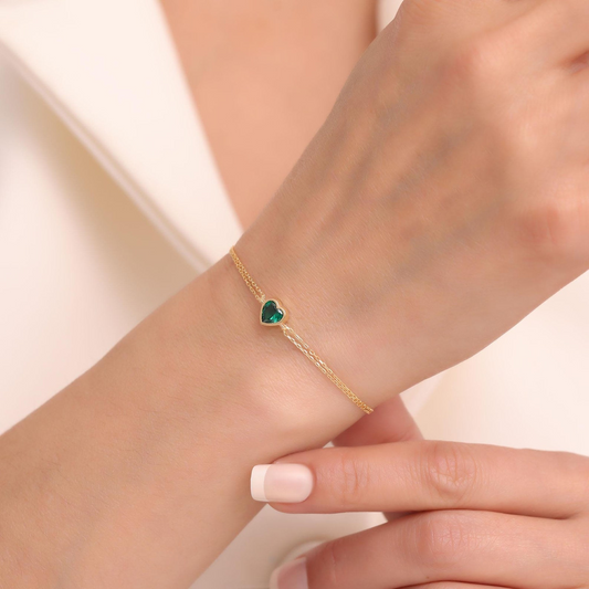 Heart Emerald Bezel Bracelet in 10K/14K Solid Gold | May Jewelry