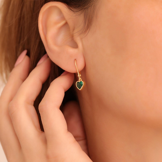Emerald Heart Cut Bezel Dangle Earrings 14K Solid Gold, May Birthstone Jewelry