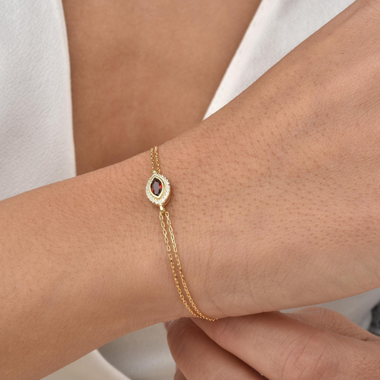 Garnet Bezel Marquise Bracelet with Real Diamonds in 8K/10K/14K Solid Gold | January Birthstone Jewelry