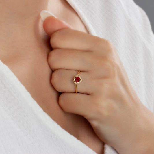 Garnet Bezel Heart Ring with Real Diamonds Halo in 8K/10K/14K Solid Gold | January Birthstone Jewelry