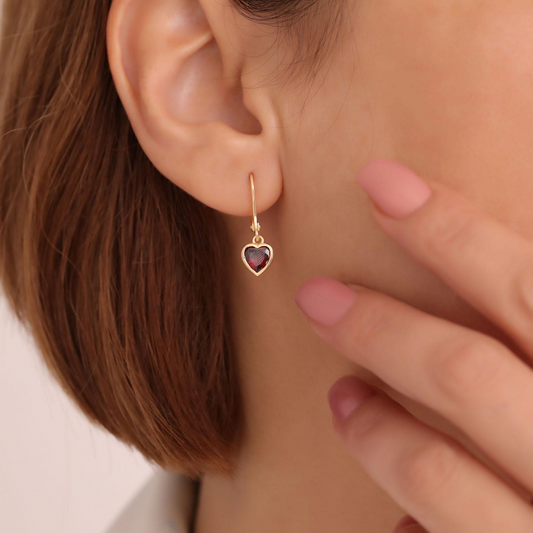 Garnet Heart Cut Bezel Dangle Earrings 14K Solid Gold, January Birthstone Jewelry