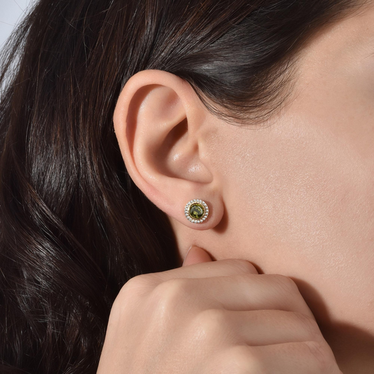 Peridot Round Bezel Stud Earrings in 8K/10K/14K Solid Gold with Real Diamonds, August Birthstone Jewelry