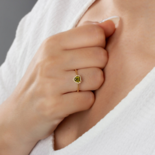 Peridot Bezel Heart Ring with Real Diamonds Halo in 8K/10K/14K Solid Gold | August Birthstone Jewelry