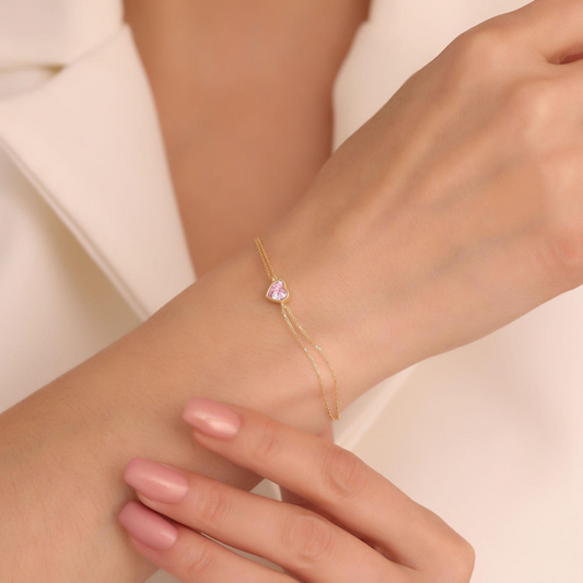 Heart Pink Tourmaline Bezel Bracelet in 10K/14K Solid Gold | October Jewelry