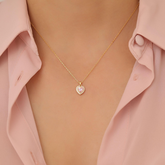 Pink Tourmaline Bezel Heart Necklace with Real Diamonds in 8K/10K/14K Solid Gold | October Birthstone Jewelry