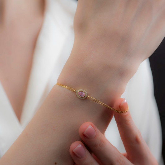 Pink Tourmaline Bezel Drop Bracelet with Real Diamonds in 8K/10K/14K Solid Gold | October Birthstone Jewelry