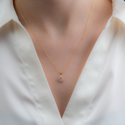 Pink Tourmaline Bezel Drop Necklace with Real Diamonds in 8K/10K/14K Solid Gold | October Birthstone Jewelry