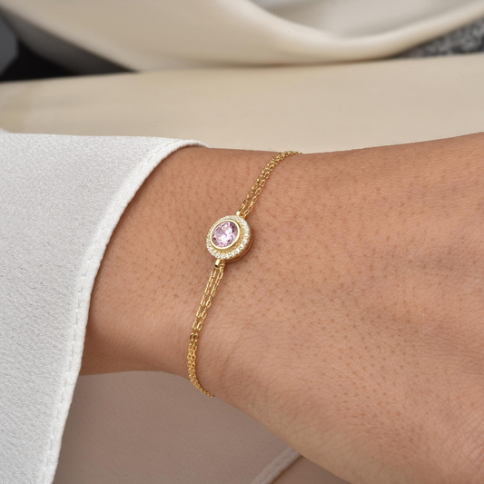 Pink Tourmaline Round Bezel Bracelet in 8K/10K/14K Solid Gold with Real Diamonds, October Birthstone Jewelry
