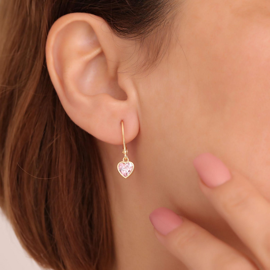 Pink Tourmaline Heart Cut Bezel Dangle Earrings 14K Solid Gold, October Birthstone Jewelry