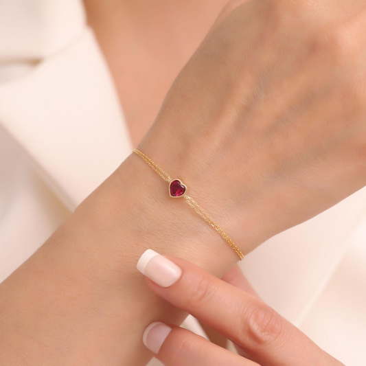 Heart Ruby Bezel Bracelet in 10K/14K Solid Gold | July Birthstone