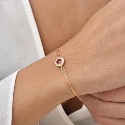 Ruby Round Bezel Bracelet in 8K/10K/14K Solid Gold with Real Diamonds, July Birthstone Jewelry
