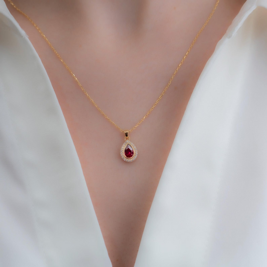 Ruby Bezel Drop Necklace with Real Diamonds in 8K/10K/14K Solid Gold | July Birthstone Jewelry