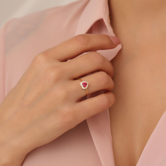 Ruby Bezel Heart Ring with Real Diamonds in 8K/10K/14K Solid Gold | July Birthstone Jewelry