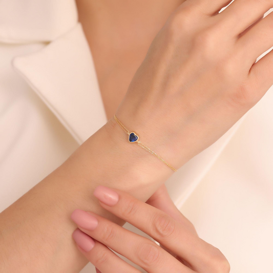 Heart Sapphire Bezel Bracelet in 10K/14K Solid Gold | September Birthstone