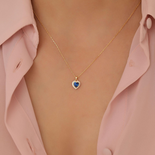 Sapphire Bezel Heart Necklace with Real Diamonds in 8K/10K/14K Solid Gold | September Birthstone Jewelry