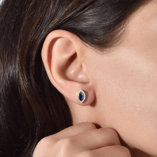 Sapphire Bezel Marquise Stud Earrings with Real Diamonds in 8K/10K/14K Solid Gold | September Birthstone Jewelry
