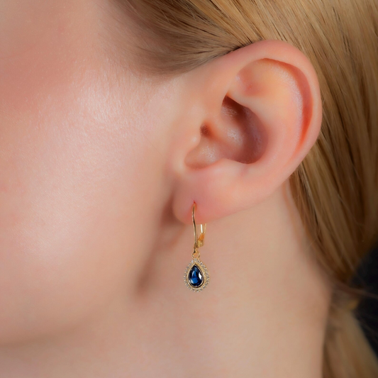 Sapphire Bezel Drop Dangle Earrings with Real Diamonds in 8K/10K/14K Solid Gold | September Birthstone Jewelry