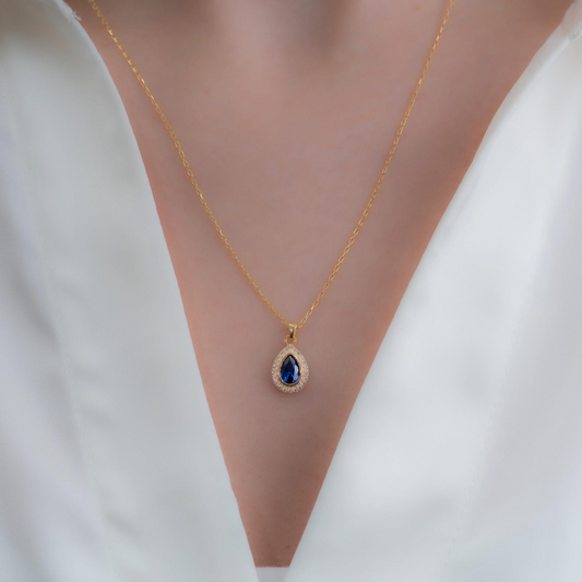 Sapphire Bezel Drop Necklace with Real Diamonds in 8K/10K/14K Solid Gold | September Birthstone Jewelry