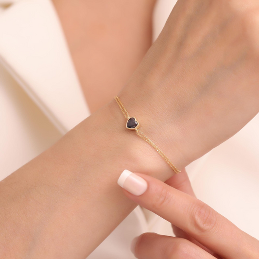 Heart Smoky Quartz Bezel Bracelet in 10K/14K Solid Gold | Handmade Elegant Jewelry