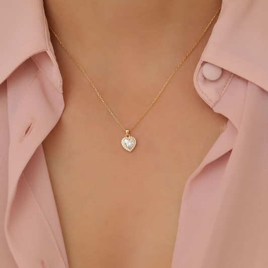 White Topaz Bezel Heart Necklace with Real Diamonds in 8K/10K/14K Solid Gold | April Birthstone Jewelry