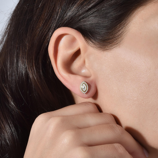 White Topaz Bezel Marquise Stud Earrings with Real Diamonds in 8K/10K/14K Solid Gold | April Birthstone Jewelry