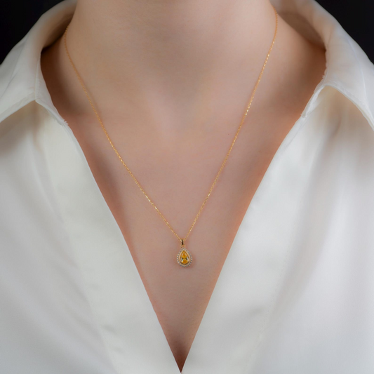 Yellow Topaz Bezel Drop Necklace with Real Diamonds in 8K/10K/14K Solid Gold | November Birthstone Jewelry