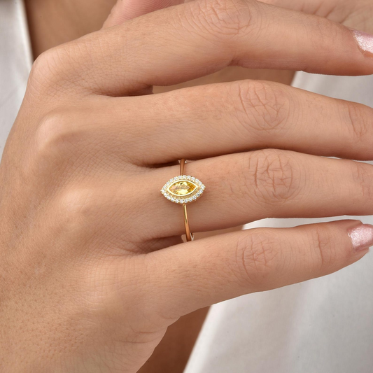 Yellow Topaz Bezel Marquise Ring with Real Diamonds in 8K/10K/14K Solid Gold | November Birthstone Jewelry