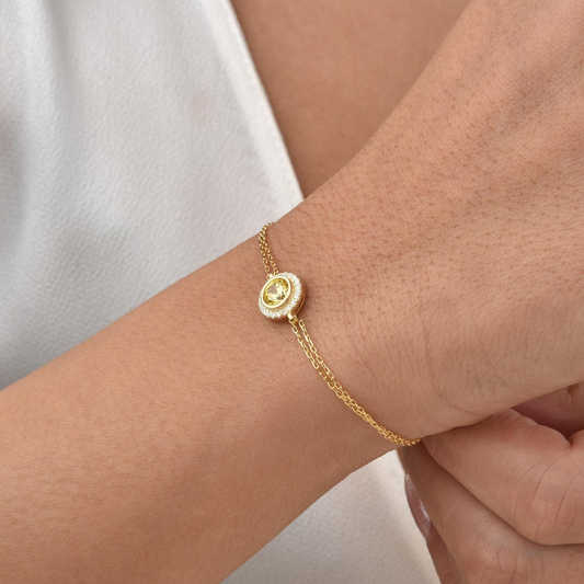 Yellow Topaz Round Bezel Bracelet in 8K/10K/14K Solid Gold with Real Diamonds, November Birthstone Jewelry