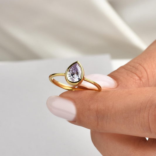 Alexandrite Drop Bezel Ring 8K/10K/14K Solid Gold, June Birthstone Jewelry