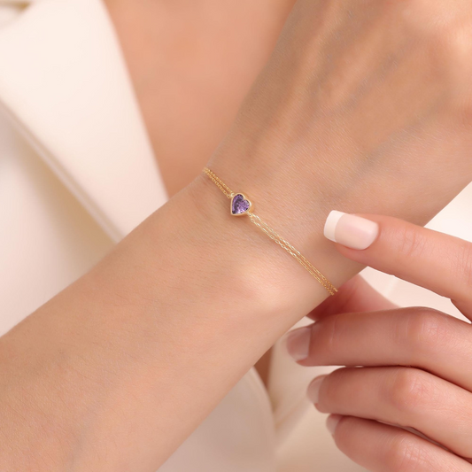 Heart Amethyst Bezel Bracelet in 10K/14K Solid Gold | February Birthstone
