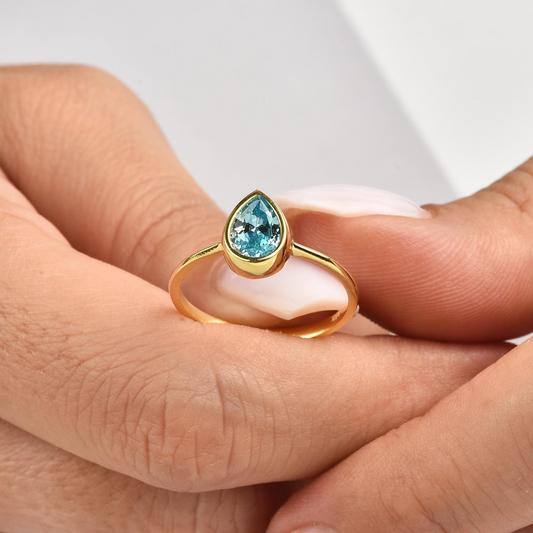 Aquamarine Drop Bezel Ring 8K/10K/14K Solid Gold, March Birthstone Jewelry