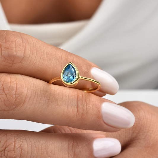 Blue Topaz Drop Bezel Ring 8K/10K/14K Solid Gold, December Birthstone Jewelry