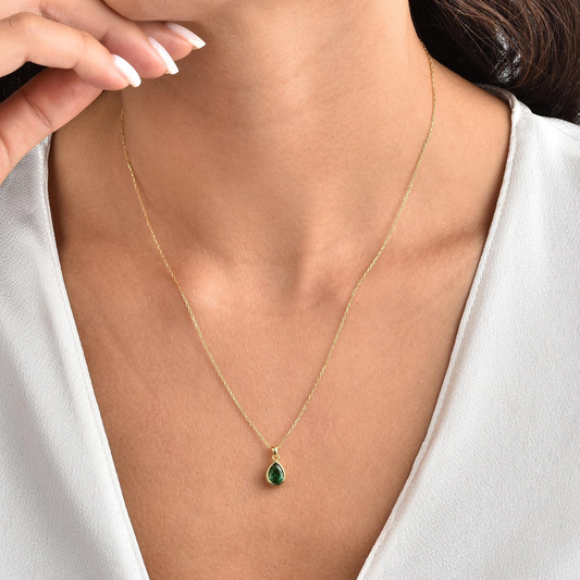Emerald Bezel Drop Necklace 10K/14K Solid Gold, May Birthstone Jewelry