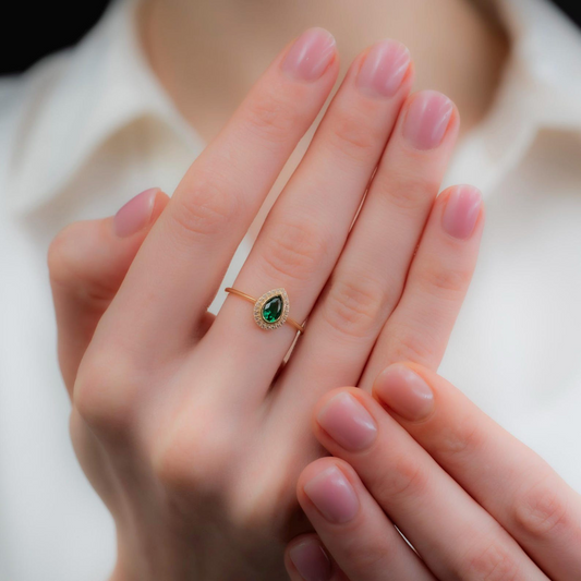 Emerald Bezel Drop Ring with Real Diamonds in 8K/10K/14K Solid Gold | May Birthstone Jewelry