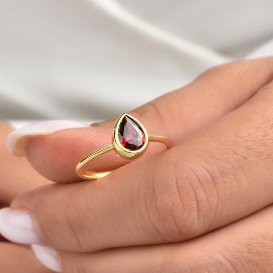 Garnet Drop Bezel Ring 8K/10K/14K Solid Gold, January Birthstone Jewelry